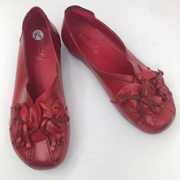 Socofy Red Geuine Leather Floral Toe Handmade Slip On Casual Statement Loafer - Picture 1 of 16